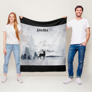 Reindeer in the Wild Grey Watercolor Christmas Fleece Blanket