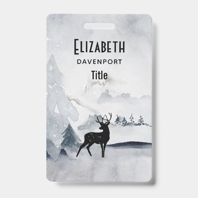 Reindeer in the Wild Grey Watercolor Christmas ID Badge (Front)