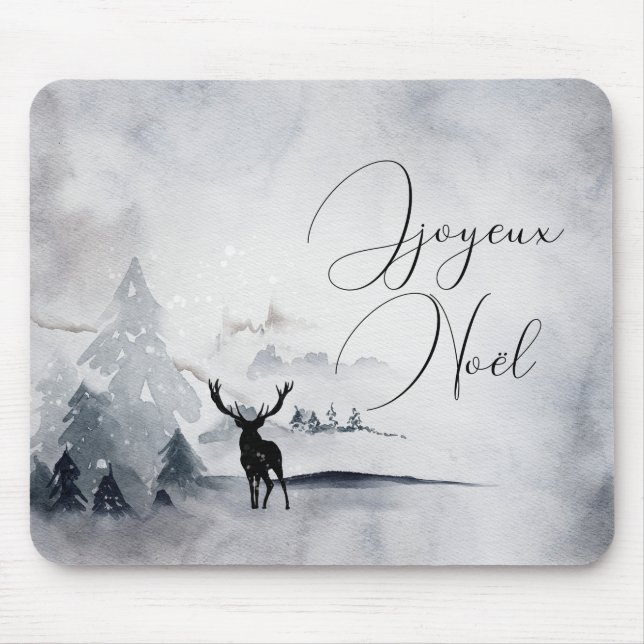 Reindeer in the Wild Grey Watercolor Christmas Mouse Pad (Front)