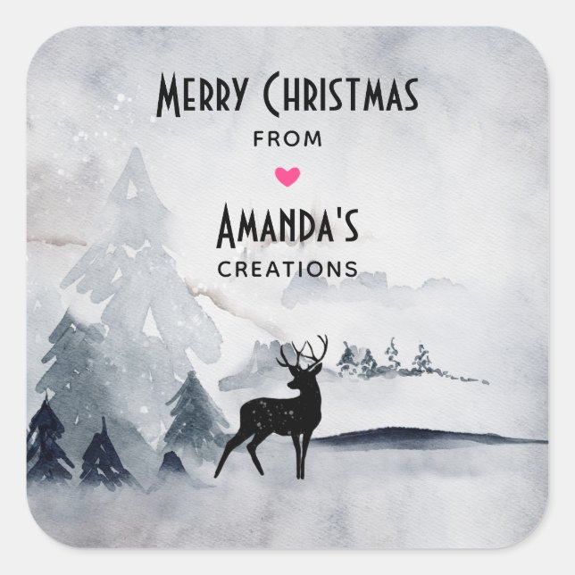 Reindeer in the Wild Grey Watercolor Christmas Square Sticker (Front)