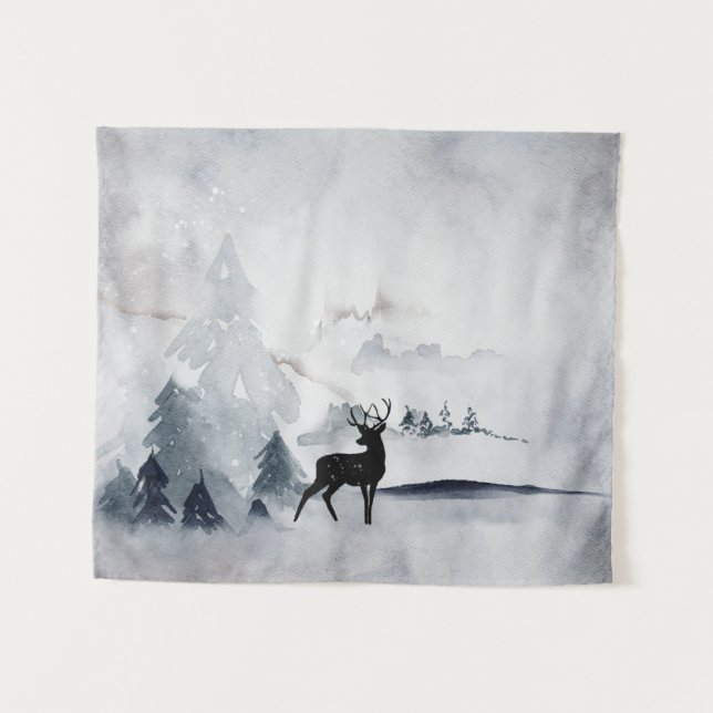 Reindeer in the Wild Grey Watercolor Christmas Tapestry (Front (Horizontal))