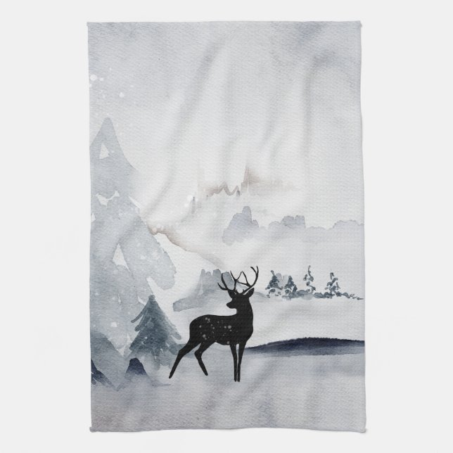Reindeer in the Wild Grey Watercolor Christmas Tea Towel (Vertical)