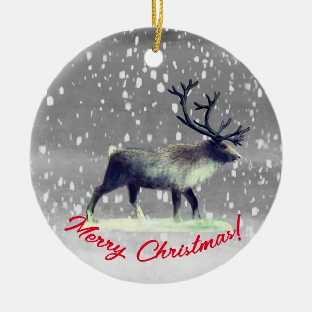 Reindeer in winter day  ceramic ornament (Front)
