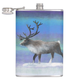 Reindeer in winter day hip flask