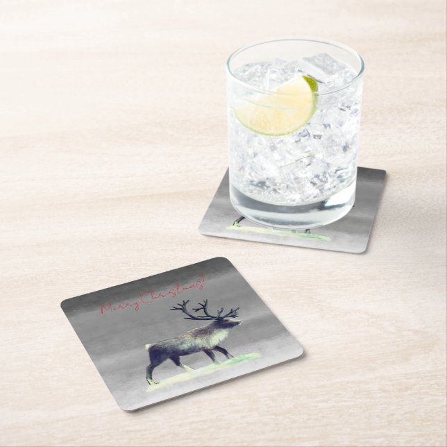 Reindeer in winter day  square paper coaster (Insitu)