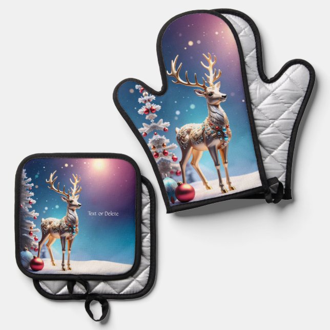 Reindeer Jewels Christmas Oven Mitt & Pot Holder Set (Front/Back)