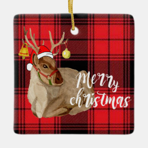 Reindeer Jingle Bell Plaid Merry Christmas Tree Ceramic Ornament