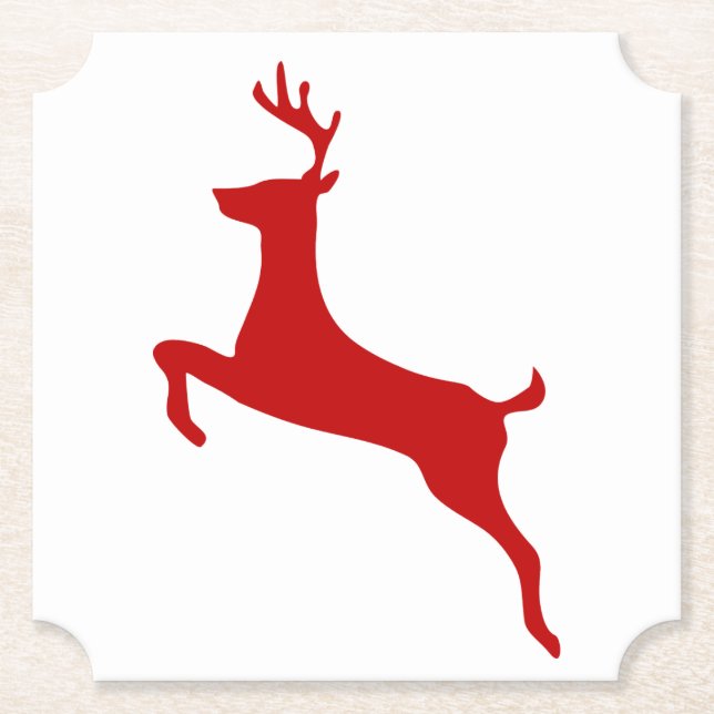 Reindeer Jump Christmas Red Silhouette Can Cooler Paper Coaster (Front)