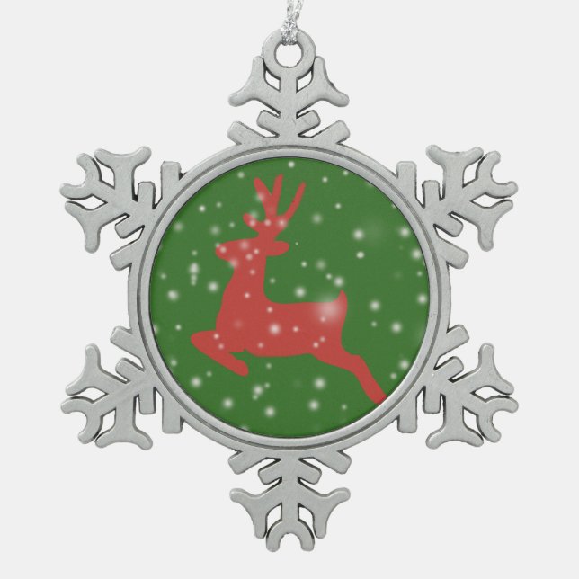 Reindeer Jumping Snow Pewter Snowflake Decoration (Front)