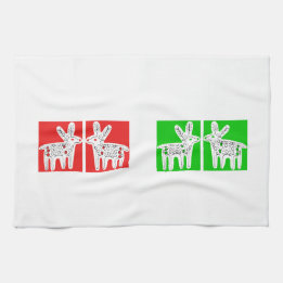 Reindeer kiss red and green tea towel