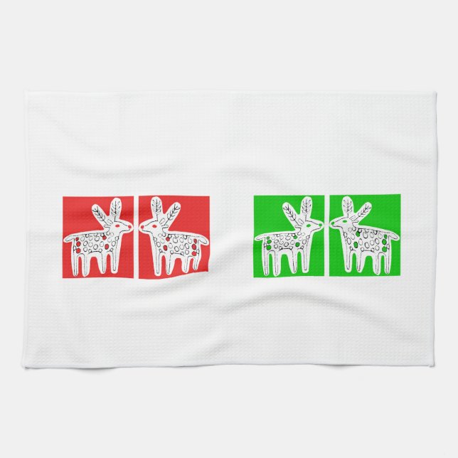 Reindeer kiss red and green tea towel (Horizontal)
