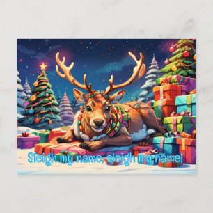 Reindeer laying on present funny christmas holiday postcard