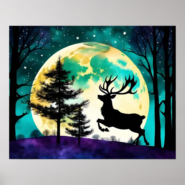 Reindeer Leaping Full moon Holiday*personalise* Poster (Front)