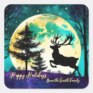 Reindeer Leaping Full moon Holiday*personalise* Square Sticker