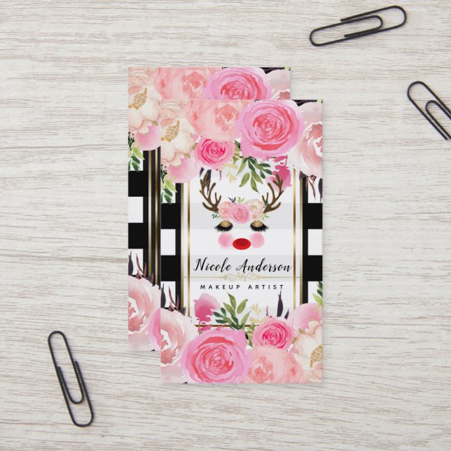Reindeer Makeup Gold Glitter Eyes Pink Floral Business Card (Front/Back In Situ)