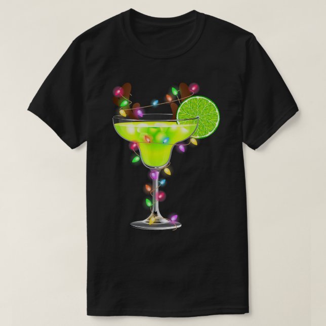 Reindeer Margarita Glass Xmas Lights Drinker Merry T-Shirt (Design Front)