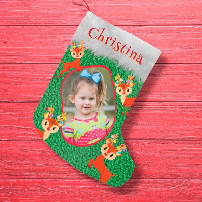 Reindeer Merry Christmas Cute Adorable Photo Name Small Christmas Stocking (Creator Uploaded)
