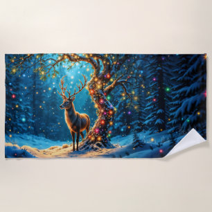 Reindeer Merry Christmas holiday lights Beach Towel