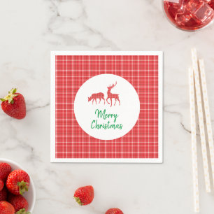 Reindeer Merry Christmas Red White Twill Plaid Napkin