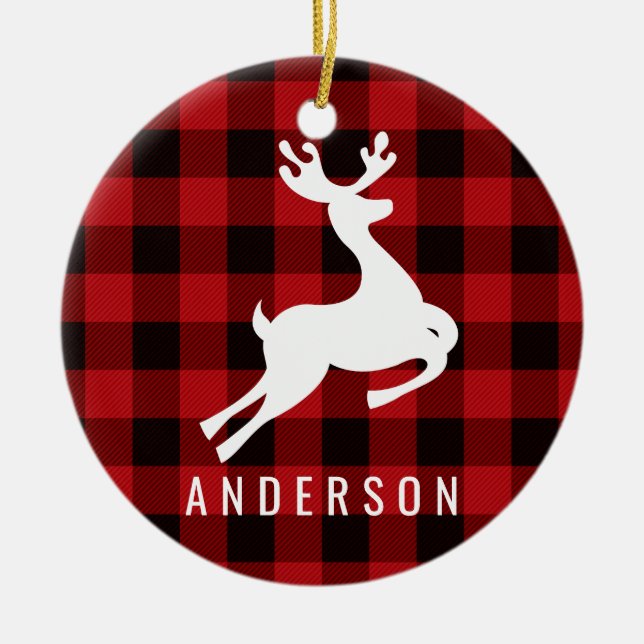 Reindeer Monogram | Deep Red Buffalo Plaid Ceramic Tree Decoration (Front)