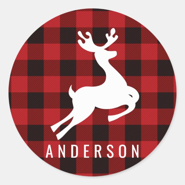 Reindeer Monogram | Deep Red Buffalo Plaid Classic Round Sticker (Front)