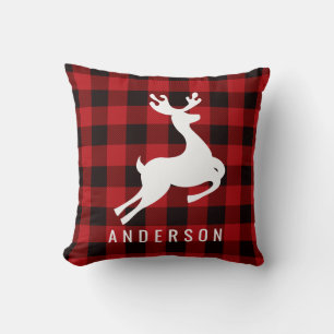 Reindeer Monogram   Deep Red Buffalo Plaid Cushion