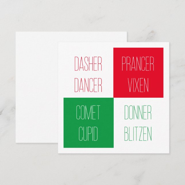 REINDEER NAMES 5.25" Square Flat Card  (Front/Back)