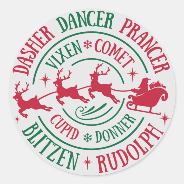 Reindeer Names Round Word Art Classic Round Sticker (Front)