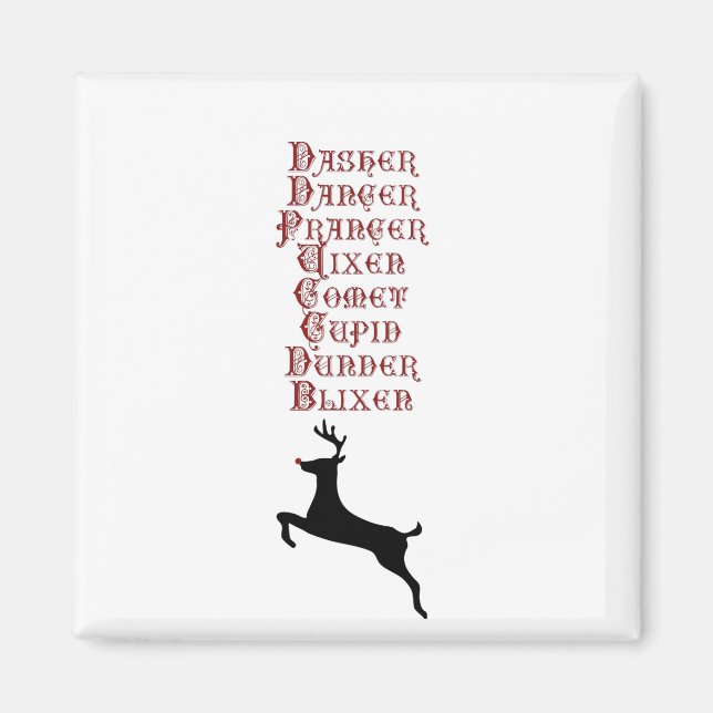 Reindeer Names Rudolph, Comet, Blixen Reindeer Magnet (Front)