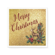 Reindeer on gold glitter Cocktail Paper Napkin