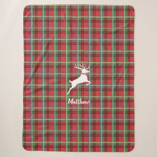 Reindeer on Red and Green Tartan Christmas Plaid Sherpa Blanket
