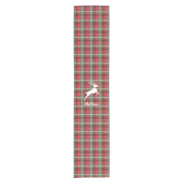 Reindeer on Red and Green Tartan Christmas Plaid Short Table Runner (Front)