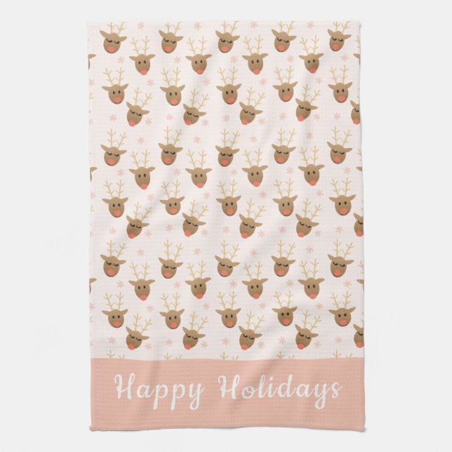 Reindeer Pattern Happy Holidays Orange Tea Towel (Vertical)