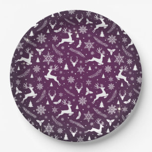 Reindeer Pattern Violet Merry Christmas Snowflake Paper Plate