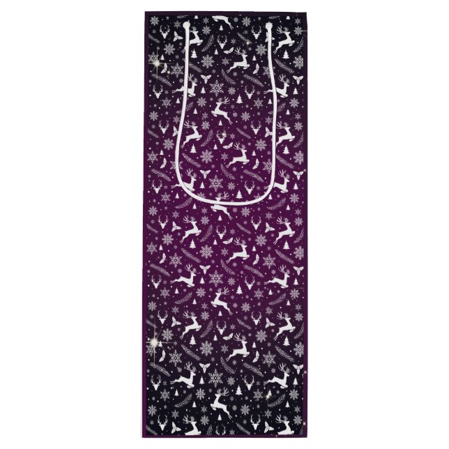 Reindeer Pattern Violet Merry Christmas Snowflake Wine Gift Bag (Front)