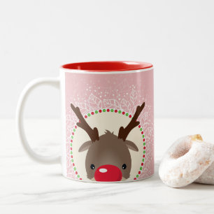 REINDEER PEEKING cute red nose rudolph pink green Two-Tone Coffee Mug