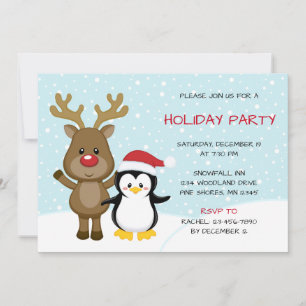 Reindeer Penguin Christmas Holiday Party Card
