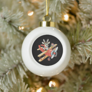 Reindeer Pilot Christmas Aviator Flying Plane Xmas Ceramic Ball Christmas Ornament