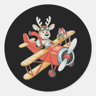 Reindeer Pilot Christmas Aviator Flying Plane Xmas Classic Round Sticker