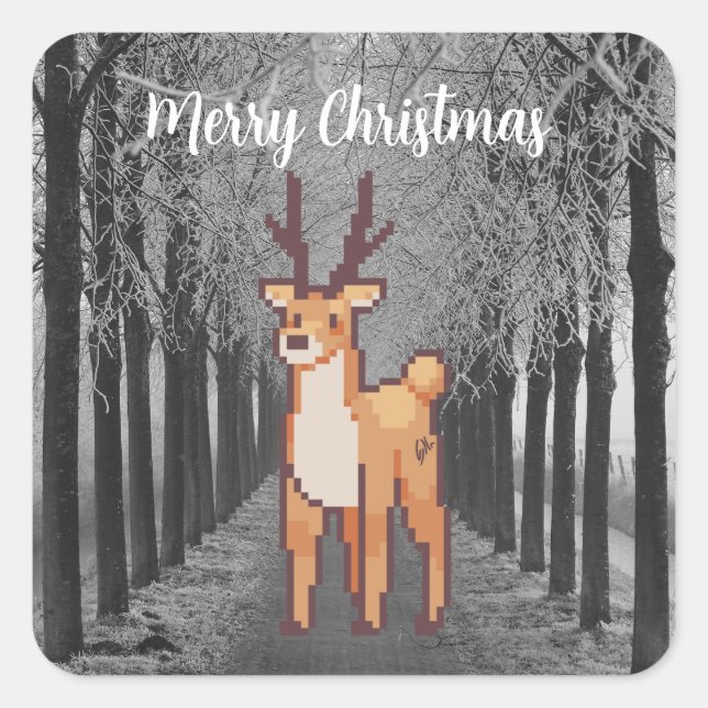 Reindeer pixel art, Pixel Art, Merry Christmas Square Sticker (Front)