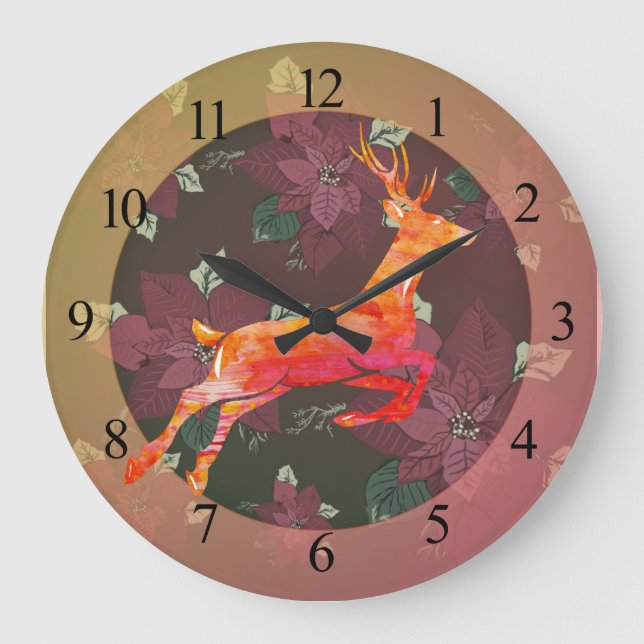 Reindeer Poinsettia Holiday Large Clock (Front)