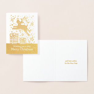 Reindeer prancing over gifts Christmas gold card