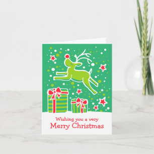Reindeer prancing over gifts green Christmas card