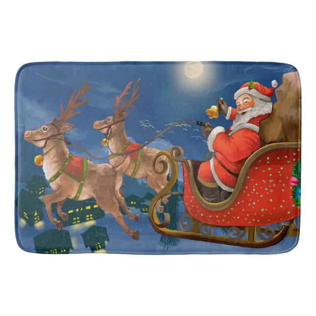 Reindeer Pulling Santa Claus Sleigh | Christmas Bath Mat (Front)