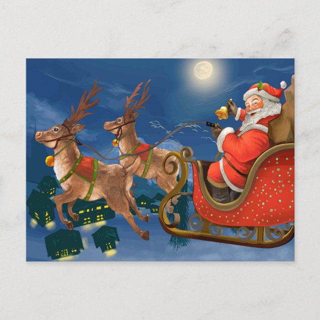 Reindeer Pulling Santa Claus Sleigh | Christmas Holiday Postcard (Front)