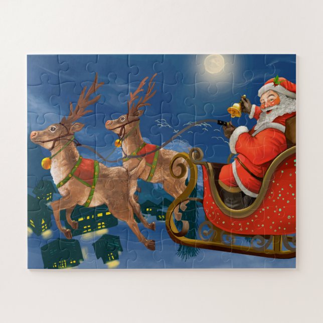 Reindeer Pulling Santa Claus Sleigh | Christmas Jigsaw Puzzle (Horizontal)