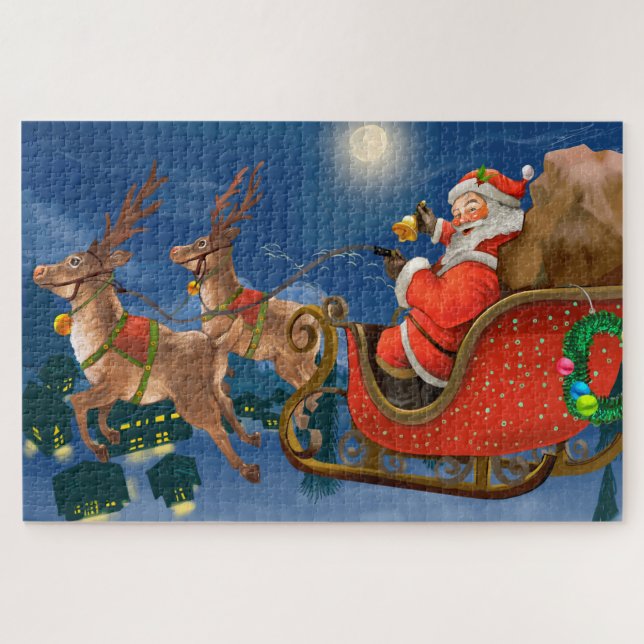 Reindeer Pulling Santa Claus Sleigh | Christmas Jigsaw Puzzle (Horizontal)