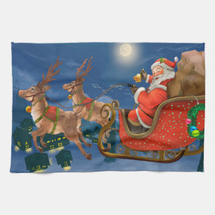Reindeer Pulling Santa Claus Sleigh Christmas Tea Towel