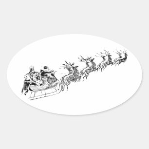 Reindeer Pulling Santa's Sleigh. Oval Sticker