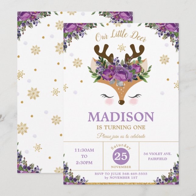 Reindeer Purple Floral Snowflakes Birthday Party Invitation (Front/Back)